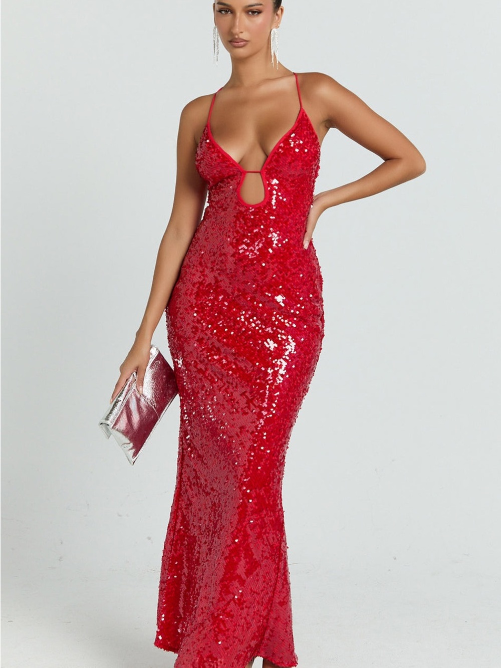 NWT SHOWPO Finn Maxi Dress - Elegant Red Sequin Slip Dress with Keyhole Detail
